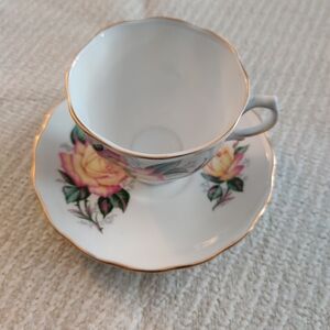 Vintage Colclough Bone China Tea Cup and Saucer pink Yellow Rose floral Pattern